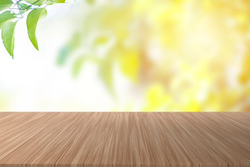 Empty Wooden Table And Blurred Green Nature Background. Backdrop for product.