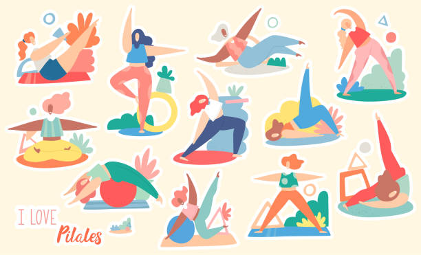ilustraciones, imágenes clip art, dibujos animados e iconos de stock de conjunto de mujeres jóvenes divertidas haciendo pilates y yoga - common women teenage girls exercising