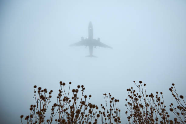 istock Airplane approaching for landing in thick fog 1353402834