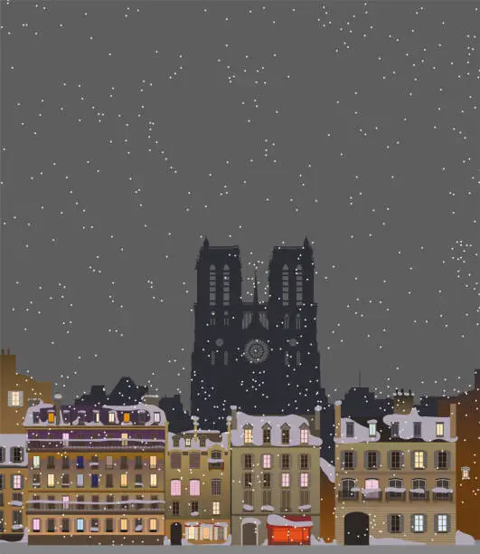 Vector illustration of City at night, Paris and Notre Dame Cathedral. Vector.