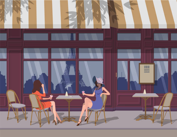 파리의 카페, 여름에. 에펠탑이 반사됩니다. 벡터. - table restaurant chair people stock illustrations
