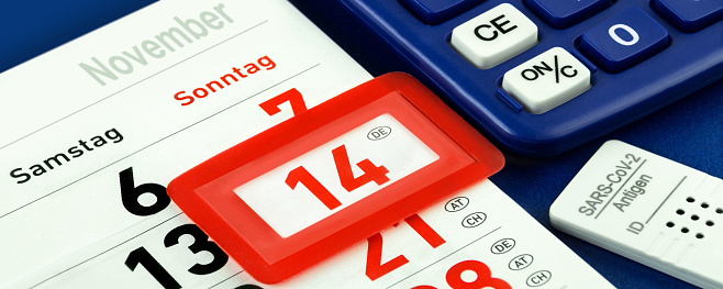 German calendar 2021 November 14 with calculator and Corona Rapid Antigen Test  Saturday and Sunday