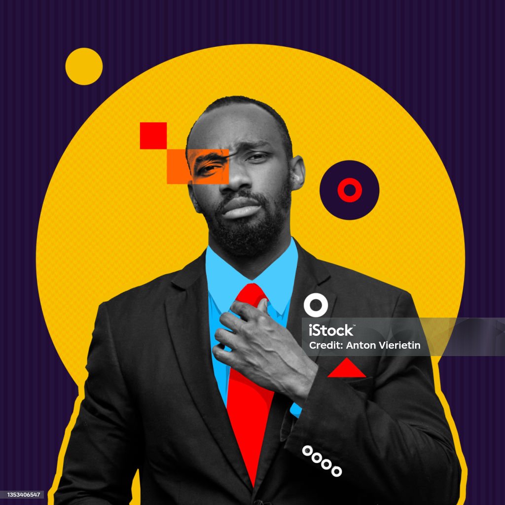Contemporary art collage of stylish african man in a suit isolated over yellow geometric circle design on blue background Contemporary art collage of stylish african man in a suit isolated over yellow geometric circle design on blue background. Concept of art, business, creativity, imagination. Copy space for ad Composite Image Stock Photo