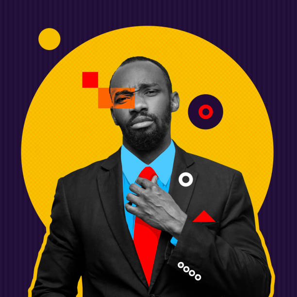 Contemporary art collage of stylish african man in a suit isolated over yellow geometric circle design on blue background Contemporary art collage of stylish african man in a suit isolated over yellow geometric circle design on blue background. Concept of art, business, creativity, imagination. Copy space for ad 80 89 years photos stock pictures, royalty-free photos & images