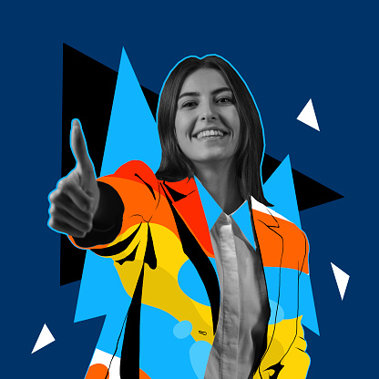 Contemporary art collage of smiling woman showing delightful like gesture isolated over blue background with multicolored geometric figures design. Concept of art, creativity, imagination and ad