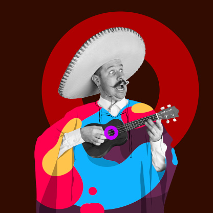 Contemporary art collage of man in colorful garment and sombrero with guitar isolated over geometric circle design on dark red background. Concept of art, creativity, imagination. Copy space for ad
