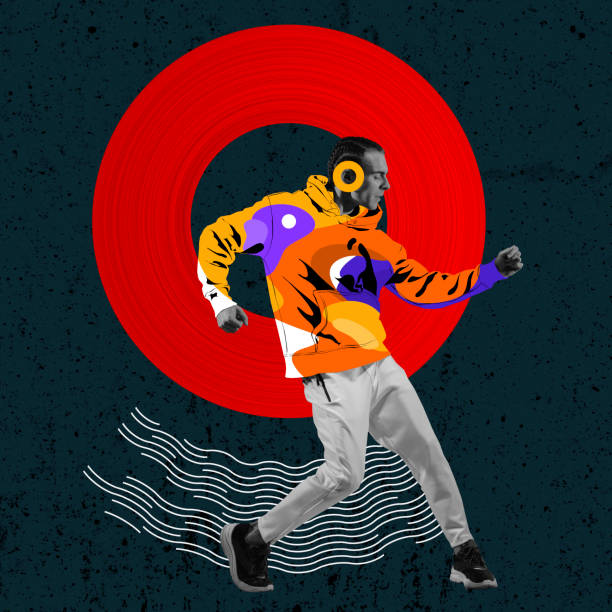 collage d’art contemporain d’homme élégant, dansant hip-hop isolé sur un dessin de cercle géométrique rouge sur fond bleu foncé - 99 photos et images de collection