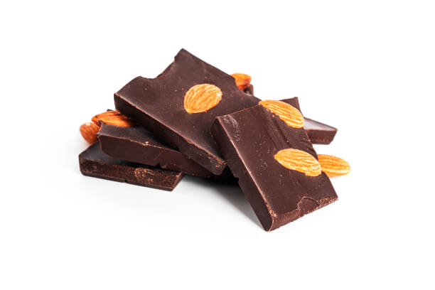 istock Dark chocolate with cocoa and whole almond isolated on a white background 1353406842