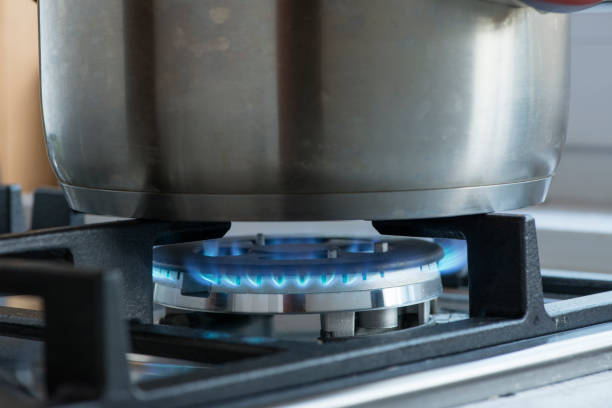 Soup in a pot is cooked on a gas stove
