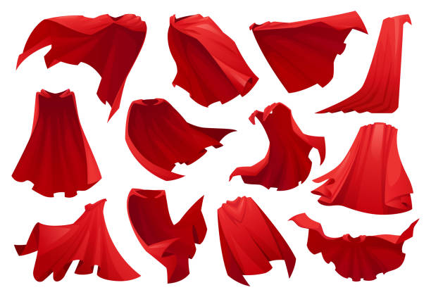 ilustrações de stock, clip art, desenhos animados e ícones de superhero red cape isolated scarlet fabric silk cloak in different position, front back side view. vector set of mantle costume, magic cartoon cover. flowing and flying carnival vampire satin clothes - superhero