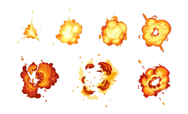 ilustraciones, imágenes clip art, dibujos animados e iconos de stock de explosión en llamas de bomba de aire radiactiva aislado boom boom explosión iconos de explosión set. fuego de encendido vectorial, demolición de radiación, explosión de gas, incendio de llama. efecto ráfaga, colección de bombas de nubes ardientes - fireball flame fire bomb