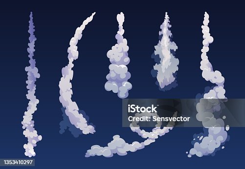 istock Rocket trail of smoke isolated on blue. Vector plane jets track and aircraft aviation steam in dark sky. Realistic spacecraft startup launch elements. Jet firing flames, airplane shuttle contrails 1353410297