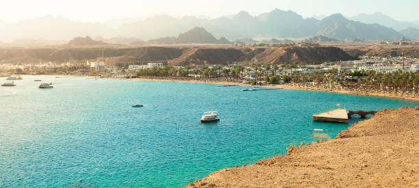 Panorama of Sharm el-Sheikh, Sharm El Maya bay. Red sea and Sinai mountains on a background. stock photo