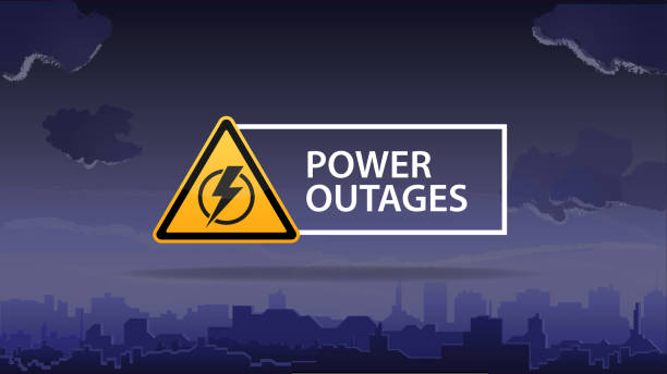 Power outage, logo on the background of the city without electricity Power outage, logo on the background of the city without electricity blackout stock illustrations