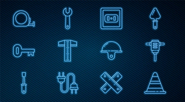 ilustrações de stock, clip art, desenhos animados e ícones de set line traffic cone, electric rotary hammer drill, electrical outlet, t-square line, old key, roulette construction, worker safety helmet and wrench spanner icon. vector - letter t