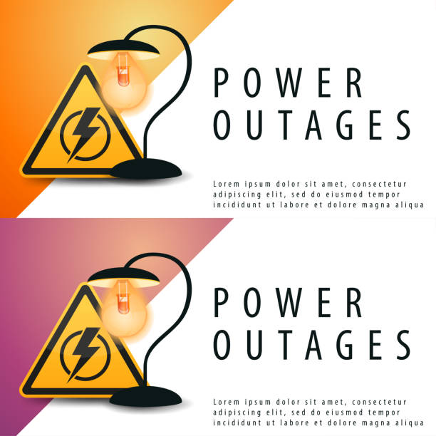 Power outages. Banner with light bulb and orange triangle warning sign Power outages. Banner with light bulb and orange triangle warning sign electric plug dark stock illustrations