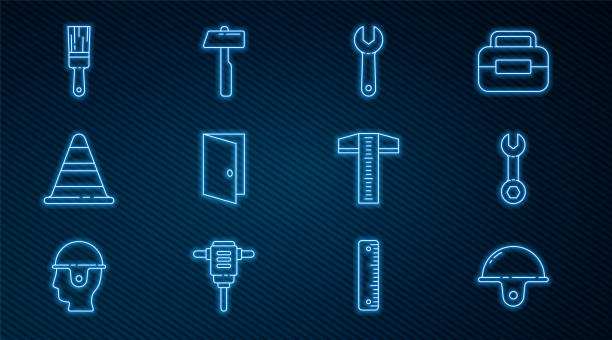 ilustrações de stock, clip art, desenhos animados e ícones de set line worker safety helmet, wrench spanner, closed door, traffic cone, paint brush, t-square line and hammer icon. vector - letter t