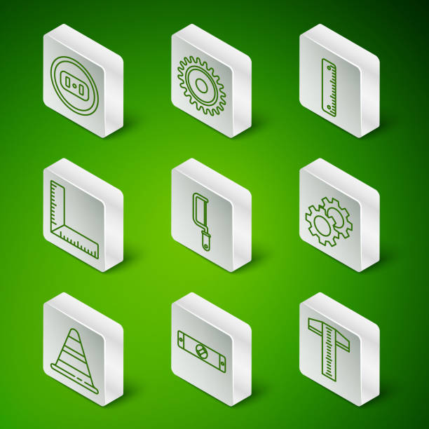 ilustrações de stock, clip art, desenhos animados e ícones de set line t-square line, construction bubble level, electrical outlet, hacksaw, corner ruler, circular blade, traffic cone and gear icon. vector - letter t alphabet three dimensional shape green