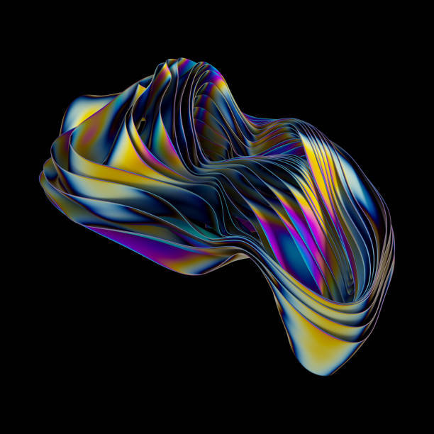 istock 3d render, abstract shape with iridescent metallic foil texture, layered object isolated on black background, futuristic wallpaper 1353413929