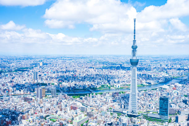 aerial photograph of tokyo sky tree - tokyo tower fotos imagens e fotografias de stock