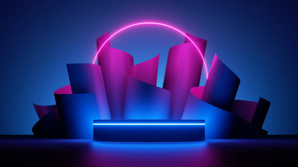 istock 3d render, abstract fashion background with paper scrolls, round line arch glowing with pink blue neon light and empty podium. Futuristic showcase with platform for product displaying 1353414124