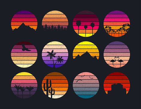 Sunset collection with grunge in retro style for print. Vintage sunsets in different colors with mountains and palm trees, forest, desert rock and eagle, seagulls and flamingo birds, cactus. Vector.