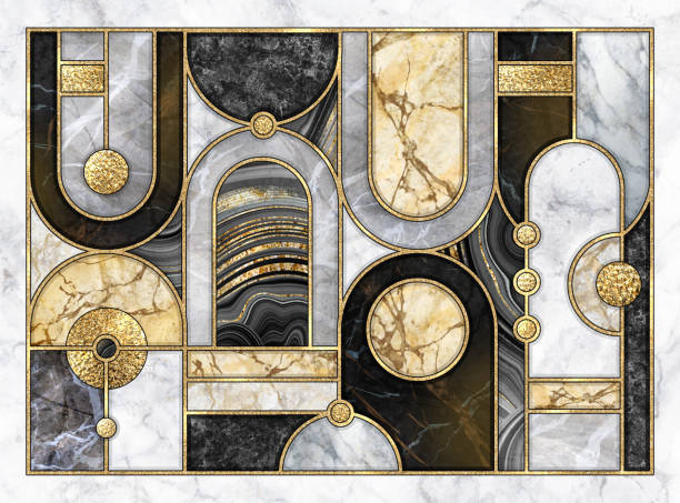 abstract art deco pattern. Geometric background with marble mosaic inlay. Mixed wall tiles with artificial stone textures and shiny metallic foil. Modern black white gold decorative wallpaper