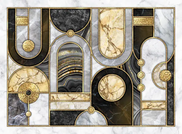 Photo of abstract art deco pattern. Geometric background with marble mosaic inlay. Mixed wall tiles with artificial stone textures and shiny metallic foil. Modern black white gold decorative wallpaper