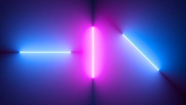 istock 3d render, abstract minimal neon background with glowing lines. Dark wall illuminated with modern luminescent lamps. Blue pink wallpaper 1353414511