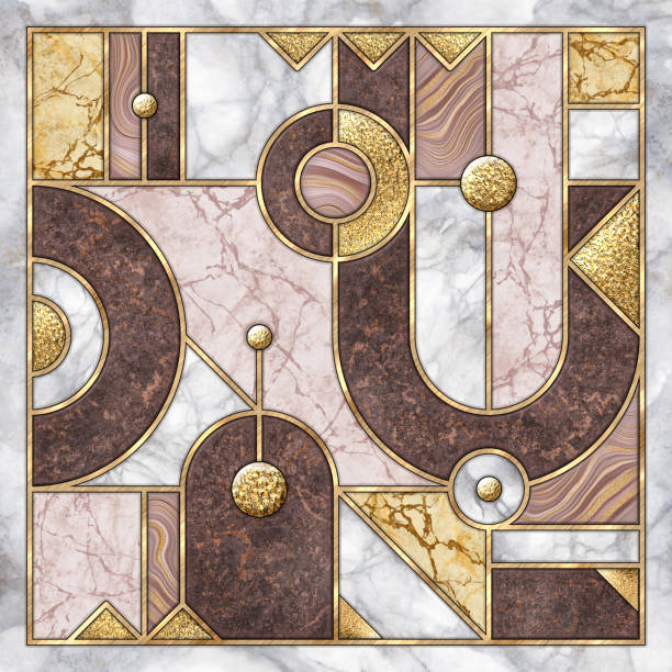 istock abstract art deco wallpaper. Geometric background with assorted mosaic inlay. Mixed tiles with artificial marble stone textures and shiny metallic foil. Rose gold white decorative pattern 1353415411