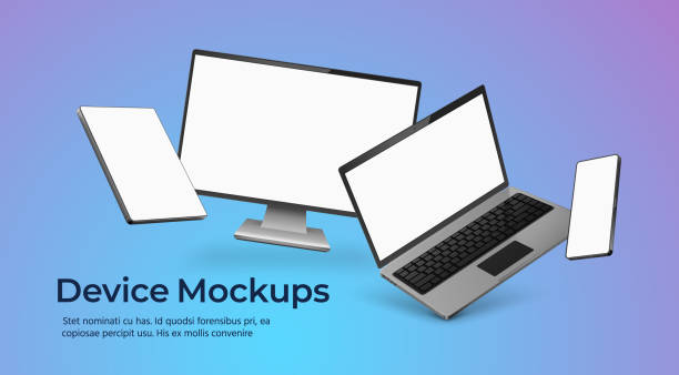 istock Device poster with floating realistic gadgets mockup with empty screens. 3d phone, laptop, monitor and tablet. Smart technology vector scene 1353415590
