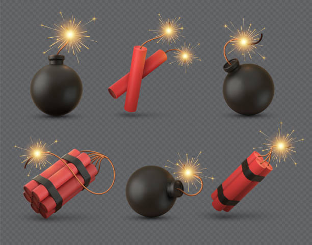 Realistic 3d bomb, tnt and dynamite sticks with burning fuse. Explosive military weapon or firecrackers with wick. Black bombs vector set Realistic 3d bomb, tnt and dynamite sticks with burning fuse. Explosive military weapon or firecrackers with wick. Black bombs vector set. Equipment with detonator for destroying or terrorism firework explosive material illustrations stock illustrations