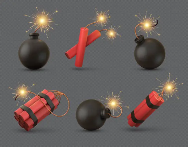 Vector illustration of Realistic 3d bomb, tnt and dynamite sticks with burning fuse. Explosive military weapon or firecrackers with wick. Black bombs vector set