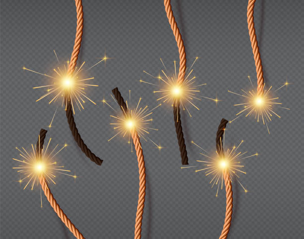 Realistic burning fire wicks, lighted dynamite fuses. Firecracker or fireworks twisted ropes with flames. Lit fuse cord of bombs, vector set vector art illustration