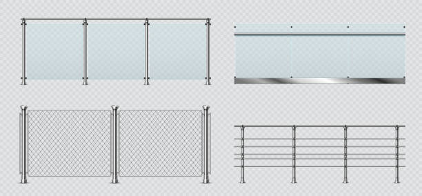 ilustraciones, imágenes clip art, dibujos animados e iconos de stock de barandillas de balcón realistas de vidrio y metal, cerca de alambre. balaustrada de terraza transparente con pasamanos de acero. conjunto vectorial de secciones de cercado de piscinas - balaustrade