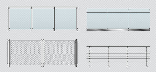 Realistic glass and metal balcony railings, wire fence. Transparent terrace balustrade with steel handrail. Pool fencing sections vector set Realistic glass and metal balcony railings, wire fence. Transparent terrace balustrade with steel handrail. Pool fencing sections vector set. Banister sections or panels with pillars supermarket borders stock illustrations