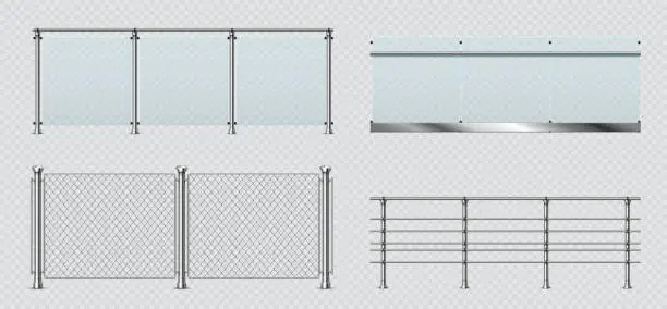 Vector illustration of Realistic glass and metal balcony railings, wire fence. Transparent terrace balustrade with steel handrail. Pool fencing sections vector set