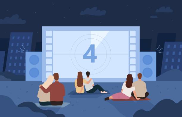 People watching outdoor cinema on big screen at night. Dating couples in backyard movie theater. Flat open air cinema evening vector concept People watching outdoor cinema on big screen at night. Dating couples in backyard movie theater. Flat open air cinema evening vector concept. Friends having outside romantic rest or relax movie-theater-exterior stock illustrations