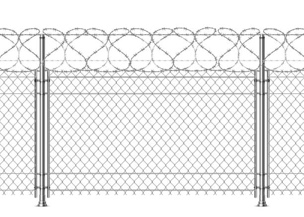 istock Realistic prison wall, chain fence with barb wire. 3d metal boundary security mesh with barbwire. War barrier construction vector background 1353415611