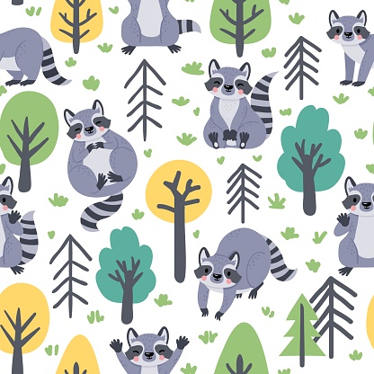 Cute seamless pattern with cartoon forest raccoons and trees. Childish print with happy animals. Baby racoon for nursery vector wallpaper. Adorable characters playing in wood on nature
