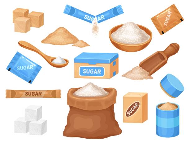 ilustraciones, imágenes clip art, dibujos animados e iconos de stock de dibujos animados blancos y morenos de azúcar en cubos, bolsa, tazón y cuchara. sal e ingrediente de cocina dulce en paquetes. conjunto vectorial de azúcar de caña granulada - sugar maple