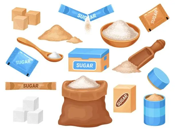 Vector illustration of Cartoon white and brown sugar in cubes, bag, bowl and spoon. Salt and sweet cooking ingredient in packages. Granulated cane sugar vector set