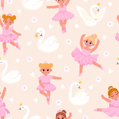 Cartoon little ballerina girls and swans seamless pattern. Fairy princess in pink dresses dancing ballet. Cute dancers for vector wallpaper