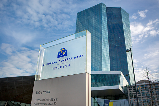 Frankfurt, Germany - November 09, 2020: European Central Bank ECB, EZB headquarters at Eastend Frankfurt, Germany. The European Central Bank (ECB) is the central bank of the Eurozone. Close-up of the logo in front of the building.