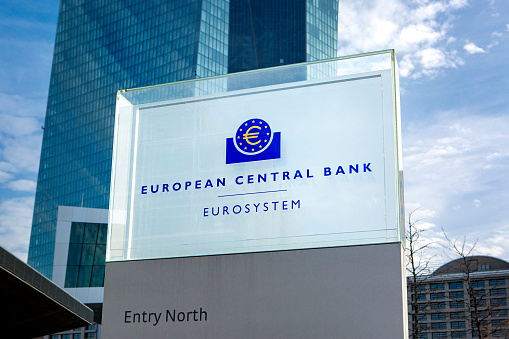 Frankfurt, Germany - November 09, 2020: European Central Bank ECB, EZB headquarters at Eastend Frankfurt, Germany. The European Central Bank (ECB) is the central bank of the Eurozone. Close-up of the logo in front of the building.