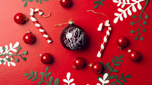 christmas happy holidays backgrounds still life from above overhead stock photo