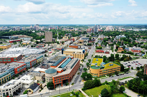An aerial scene of Waterloo, Ontario, Canada downtown