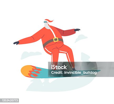 istock Santa Claus Winter Extreme Sports Activity and Fun. Sportsman Dressed in Winter Clothes and Goggles Snowboarding 1353420773