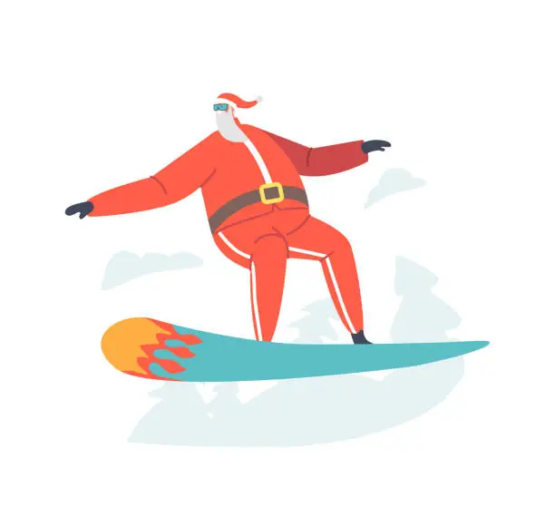 Vector illustration of Santa Claus Winter Extreme Sports Activity and Fun. Sportsman Dressed in Winter Clothes and Goggles Snowboarding