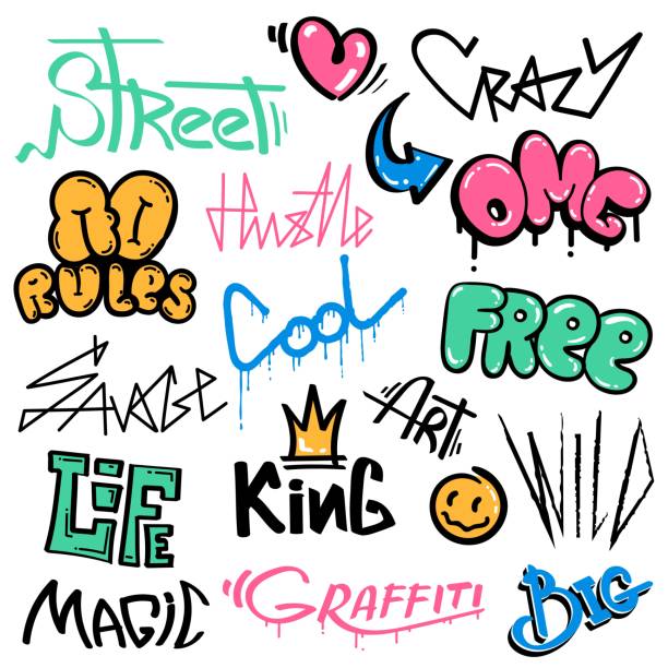 Graffiti words and elements, street art with spray paint drips. Abstract urban wall scribbles savage, wild, king, free and cool vector set Graffiti words and elements, street art with spray paint drips. Abstract urban wall scribbles savage, wild, king, free and cool vector set. Leaking creative lettering isolated on white word cool stock illustrations